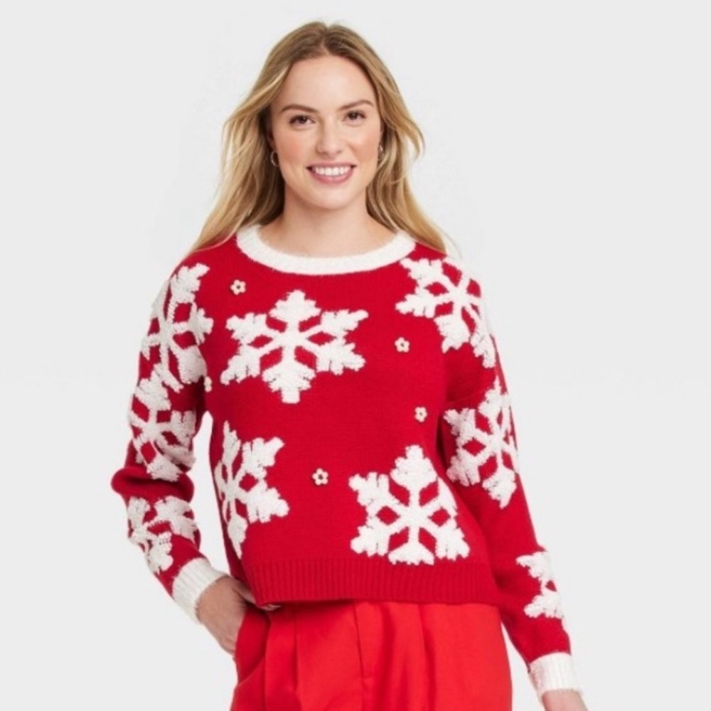 33 Degrees Women's Red Snowflake / Faux Pearl Christmas Holiday Sweater Size L